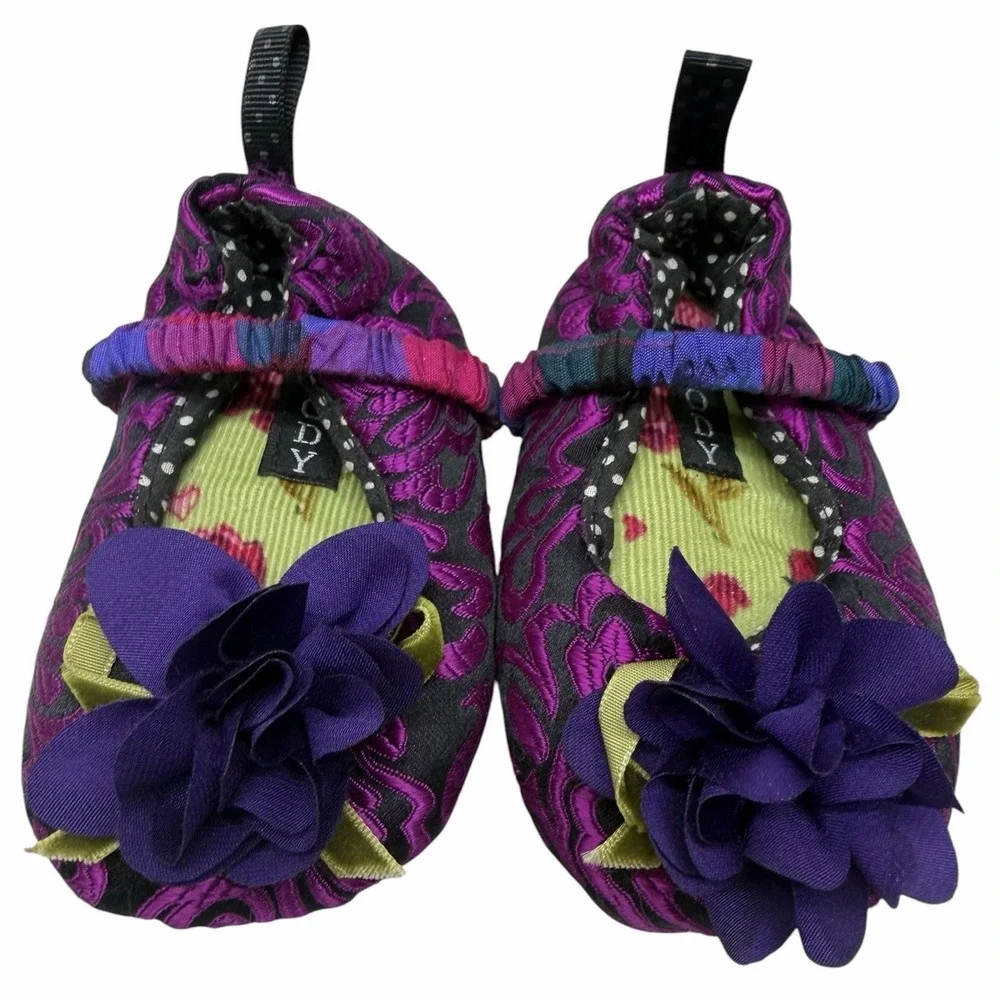 Goody Infant Baby Soft Sole Crib Shoes Floral Purple‎ Black Size 2-3 Prewalker